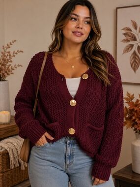 Zara Cardigan Sweater Burgundy Chunky Knit Gold Button Size Medium